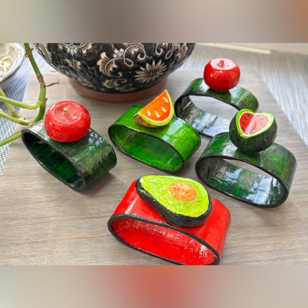 Vintage Mexican 1970s Papier Mache Fruits Napkin Rings Colorful Folk Art South A